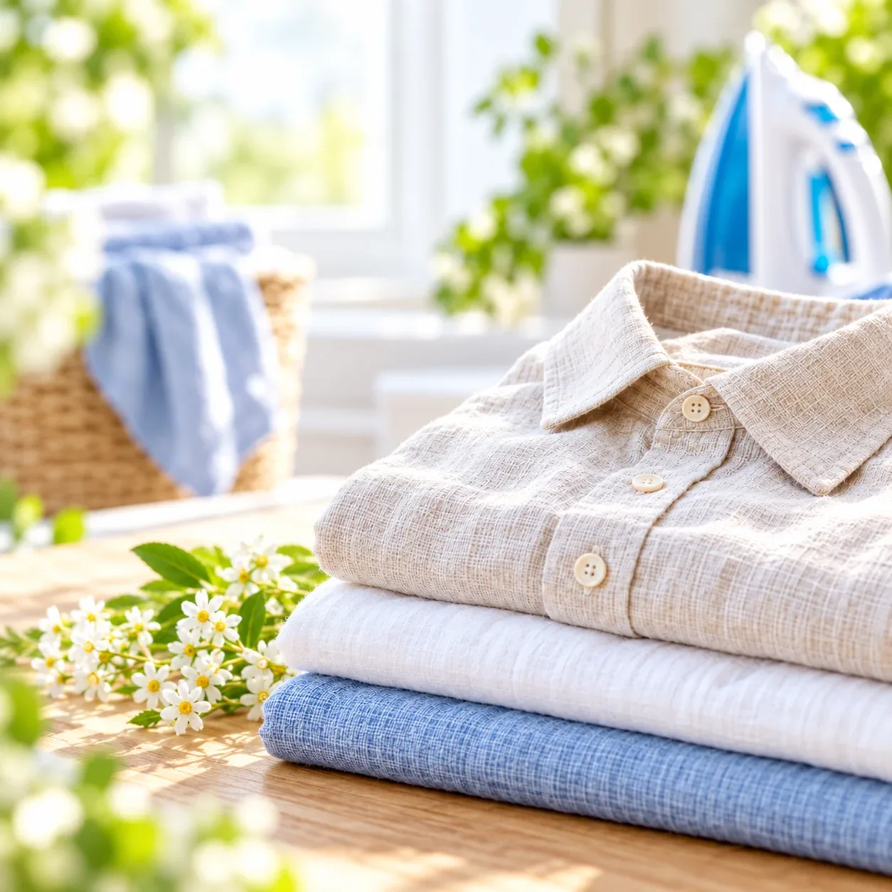 Camisas de linho bege, branco e azul dobradas sobre uma mesa clara, com textura natural e vincos visíveis.